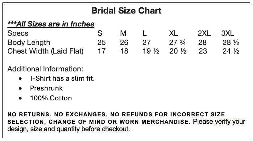 Power Within Print Bridal Collection Size Chart